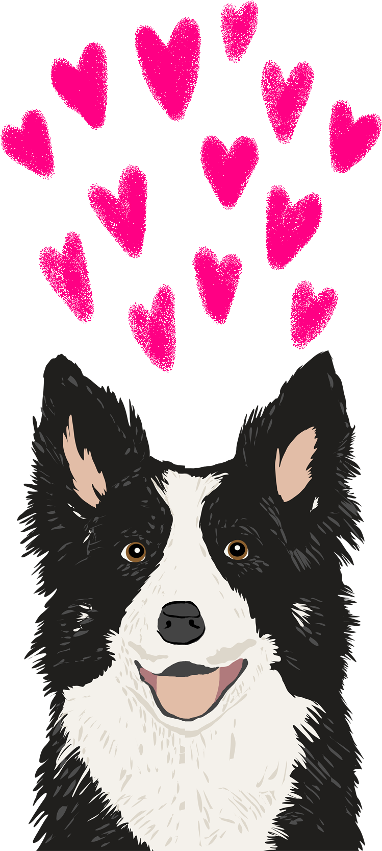A Black And White Dog With Pink Hearts Above It