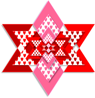 A Red And Pink Triangles With Hearts On It