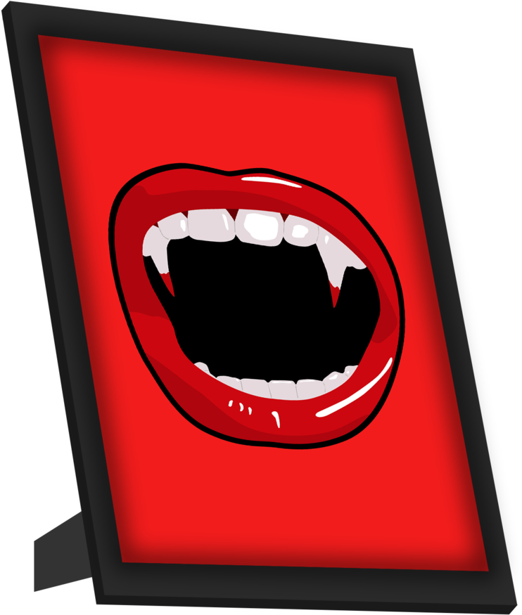 A Red Picture Frame With Vampire Teeth