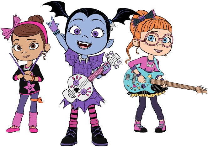 Cartoon Characters Of A Girl Playing Instruments