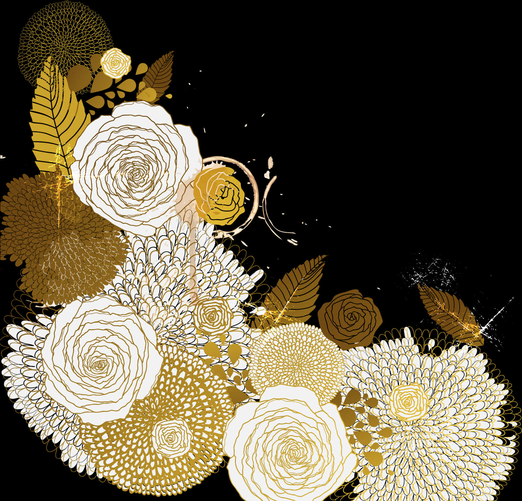 A White And Gold Flowers On A Black Background
