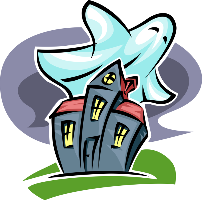 A Cartoon Of A Ghost Flying Over A House