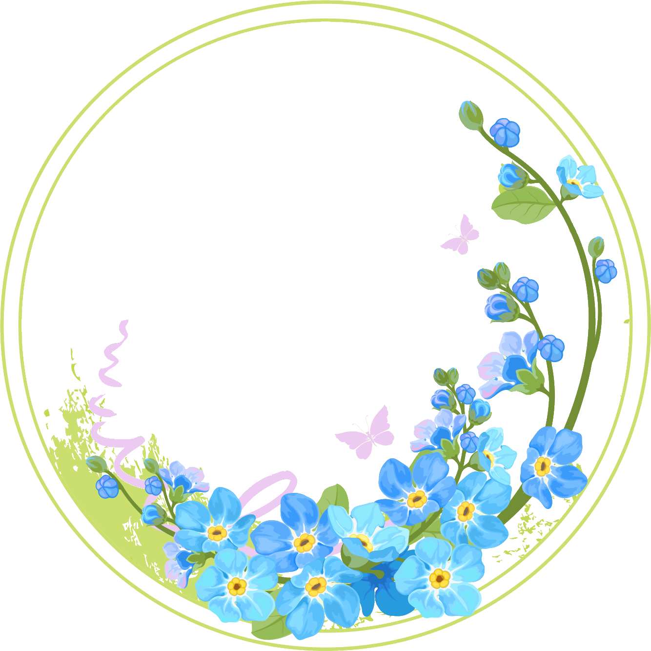 A Circle With Blue Flowers And Butterflies