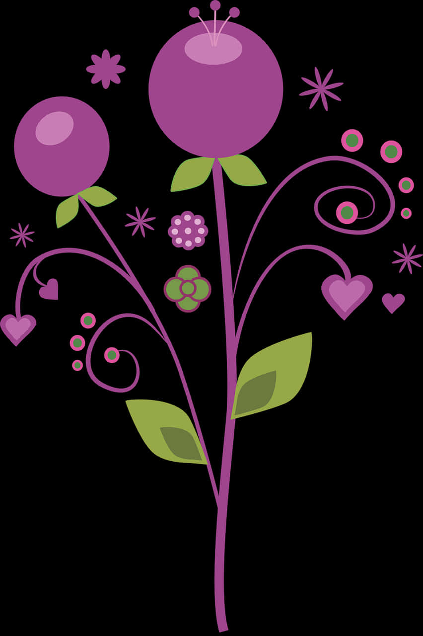 A Purple Flower With Green Leaves And Hearts