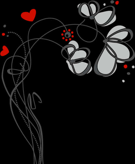 A Black Background With White Flowers And Red Hearts