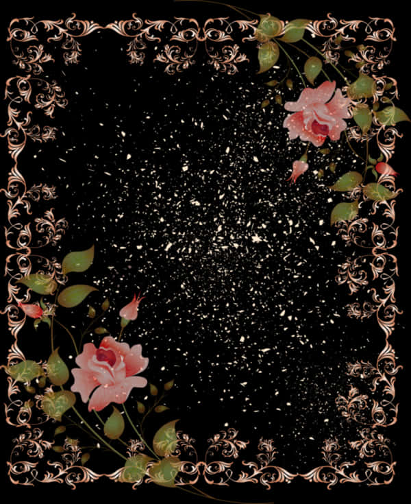 A Black Background With Pink Flowers And Leaves