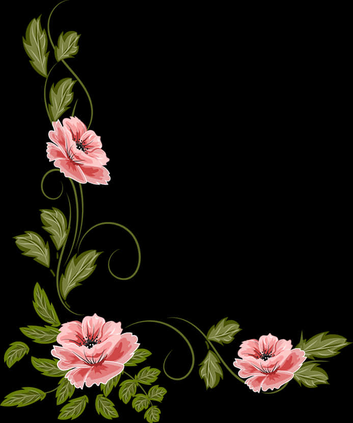 A Pink Flowers With Green Leaves On A Black Background