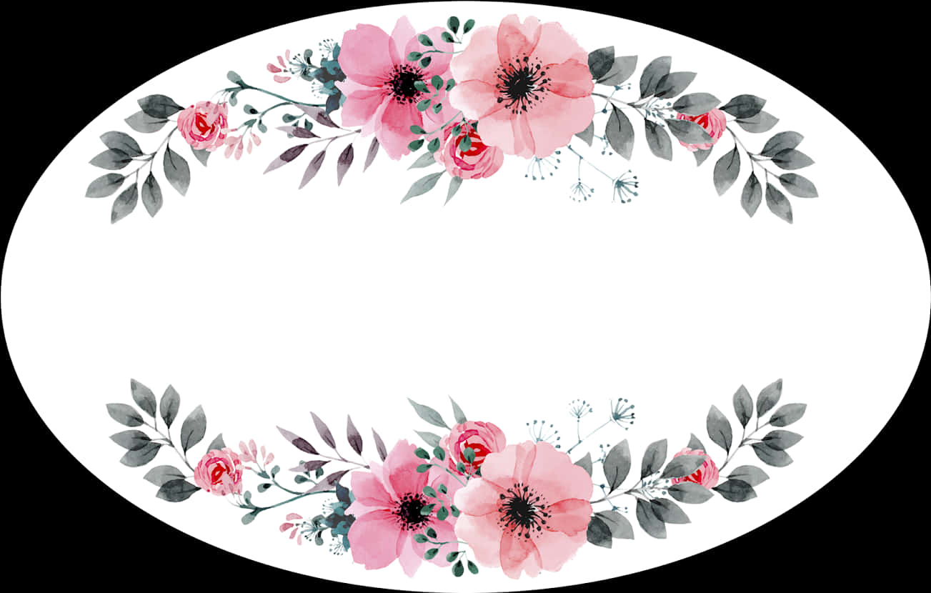 A Oval Frame With Pink Flowers And Leaves