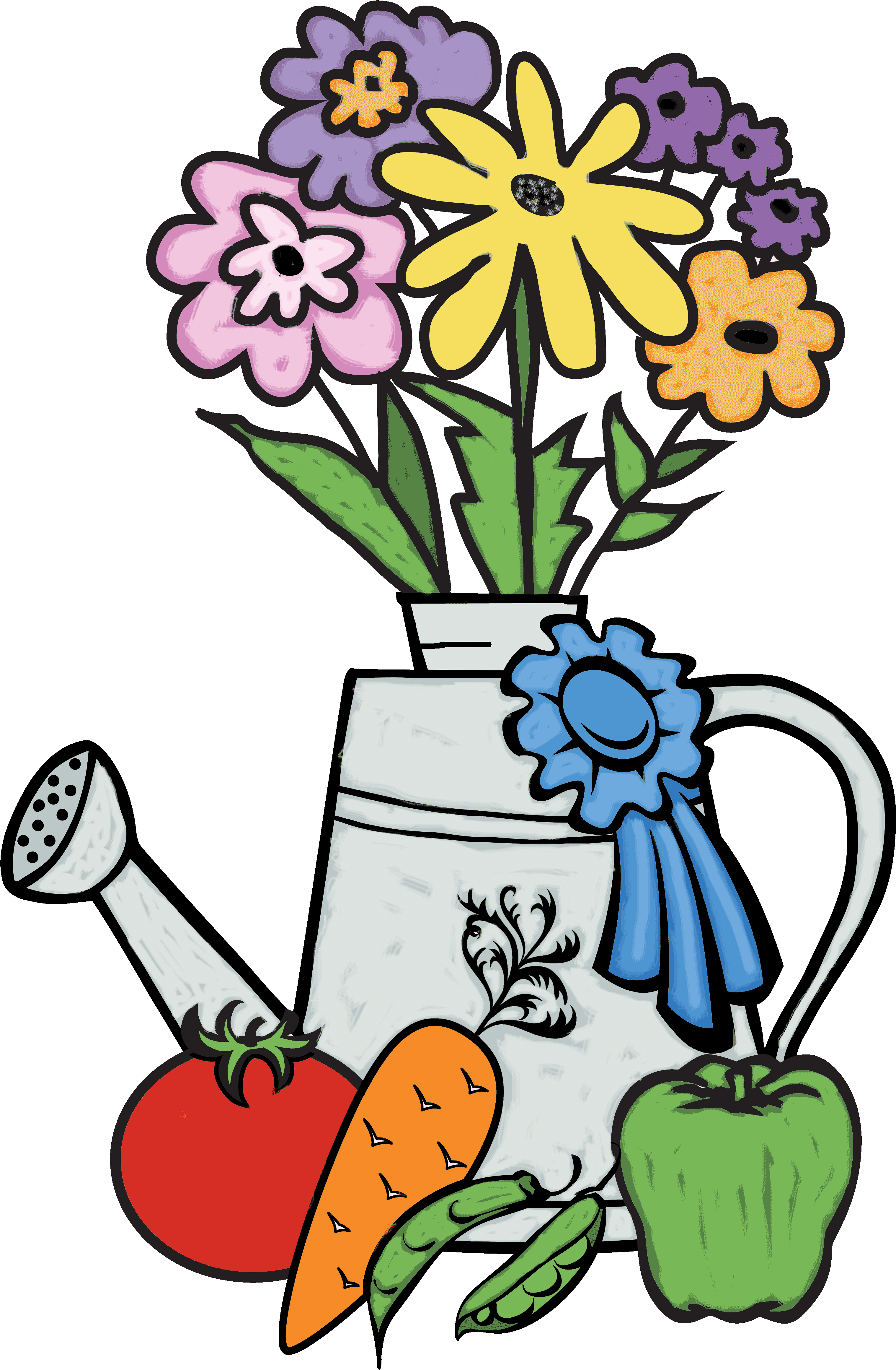 A Drawing Of A Watering Can With Flowers And Vegetables