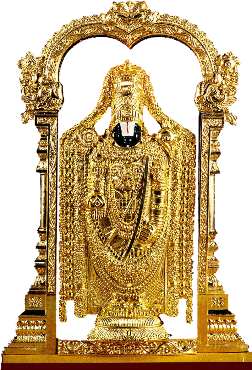 A Gold Statue Of A Man With Venkateswara Temple, Tirumala In The Background
