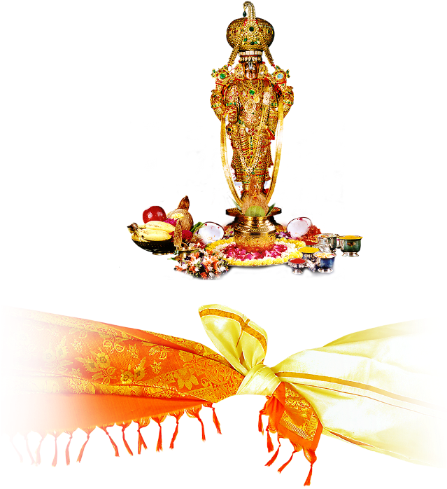 A Gold Statue With A Gold Crown And A Gold Plate With Fruit And A Yellow Scarf