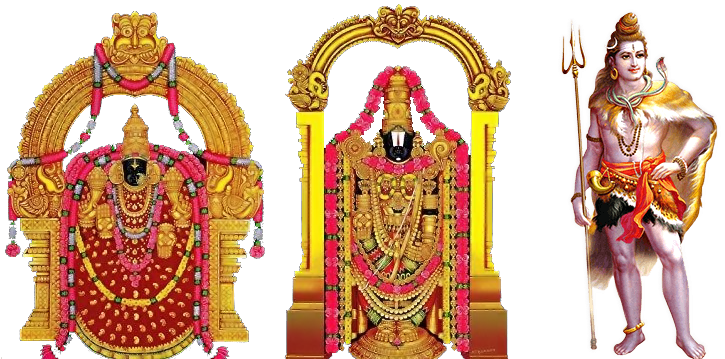 A Gold Statue With Red And Pink Flowers With Venkateswara Temple, Tirumala In The Background