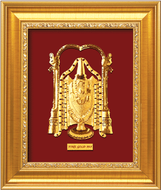 A Gold Framed Picture Of A Statue With Venkateswara Temple, Tirumala In The Background