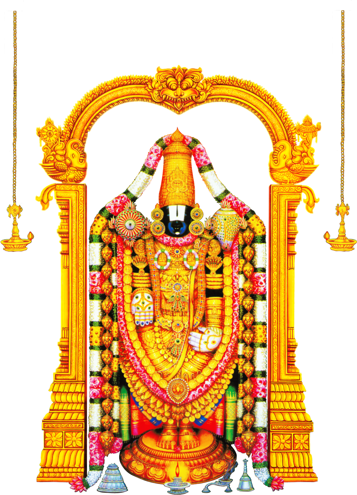 A Painting Of A Man In A Gold Frame With Venkateswara Temple, Tirumala In The Background