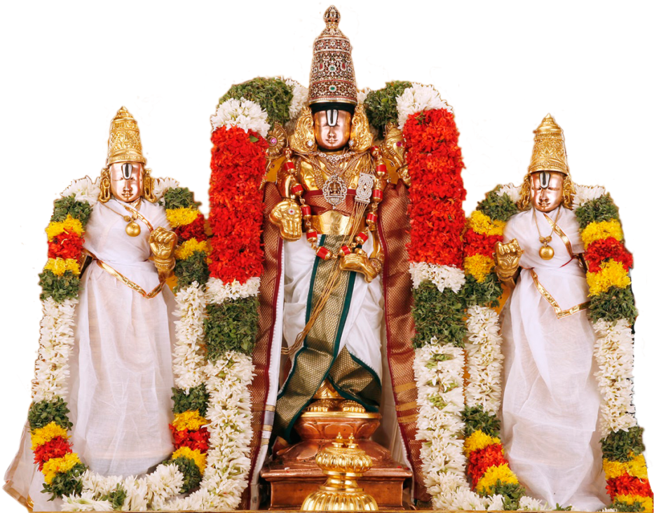 A Group Of Statues With Flowers Around Them With Venkateswara Temple, Tirumala In The Background