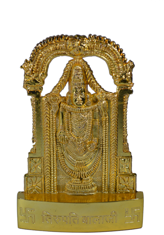 A Gold Statue Of A Person With Venkateswara Temple, Tirumala In The Background