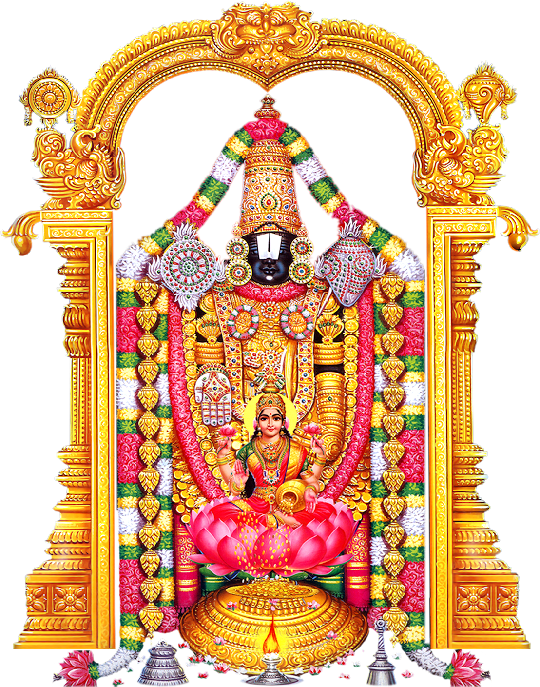A Gold Ornate Frame With A Statue Of A Hindu God With Venkateswara Temple, Tirumala In The Background