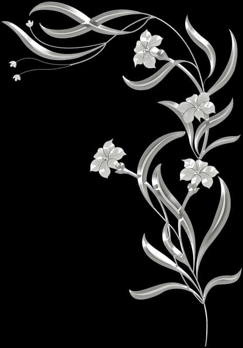 A Silver Floral Design On A Black Background