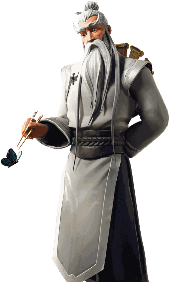 A Man In A White Robe Holding Chopsticks And A Butterfly