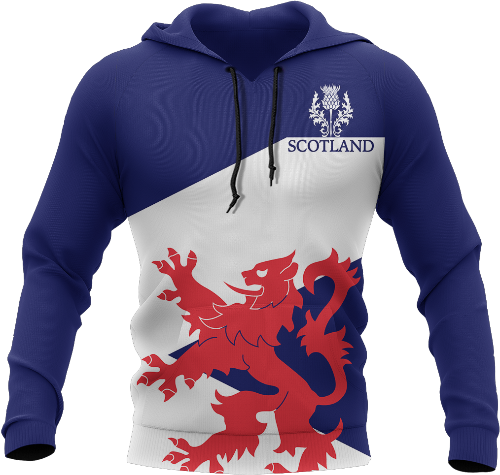 A Blue And White Hoodie With A Red Lion And A White Background