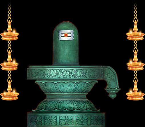 A Green Statue With Candles From Chains