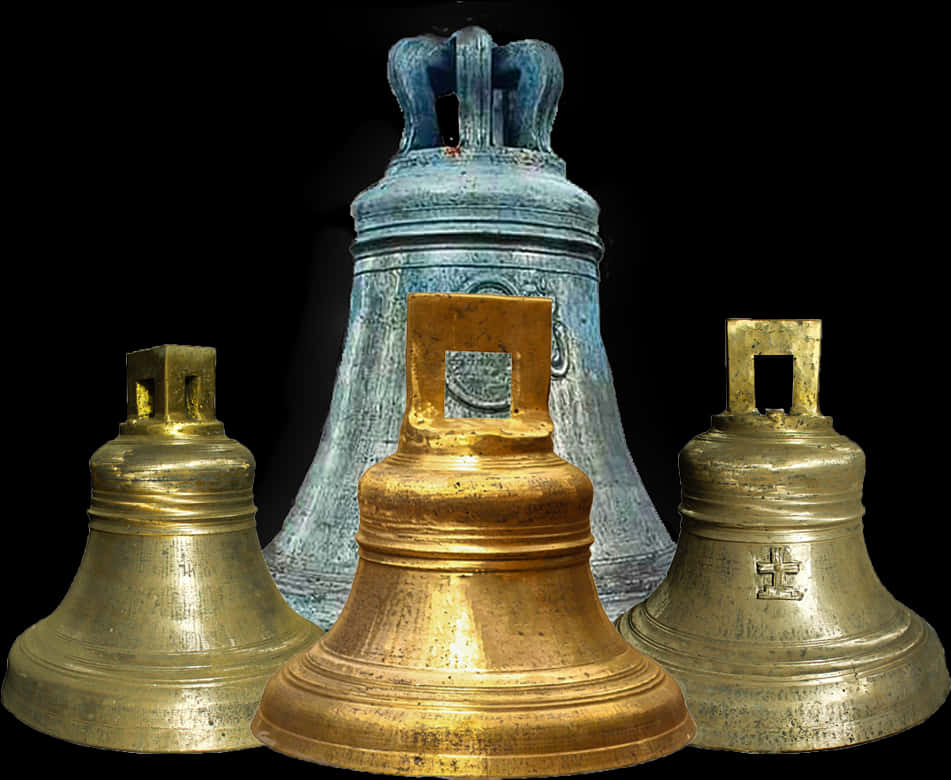 A Group Of Bells With A Black Background