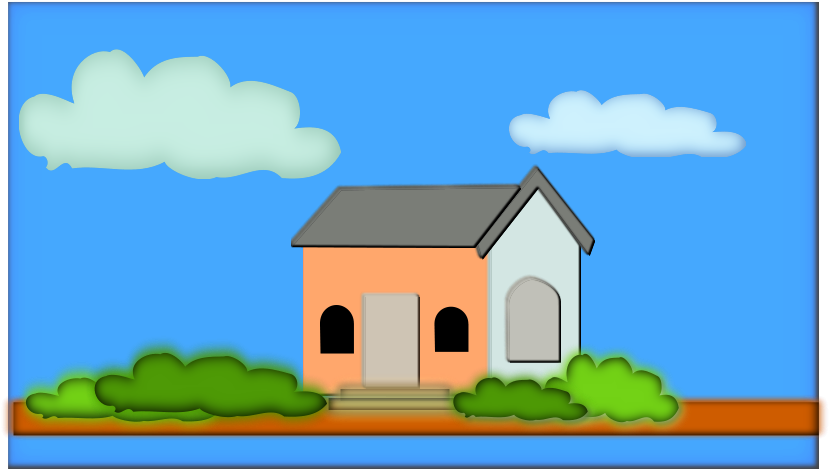 A Cartoon House With Trees And Bushes