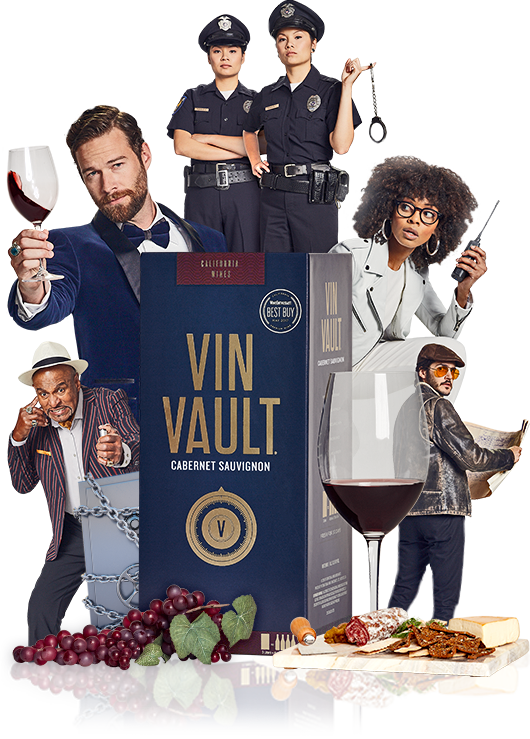 A Group Of People Holding Glasses And A Box Of Wine