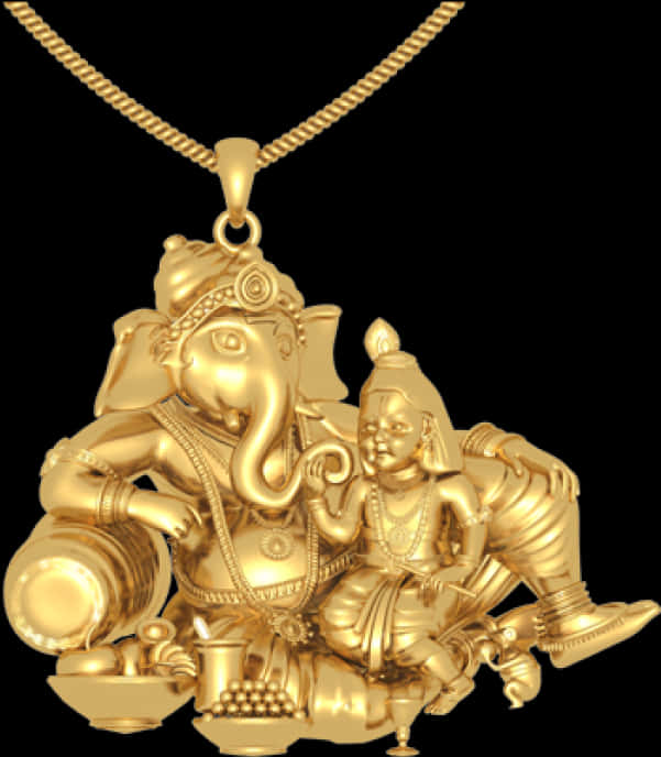 A Gold Necklace With A Statue Of An Elephant And A Man Sitting On A Barrel