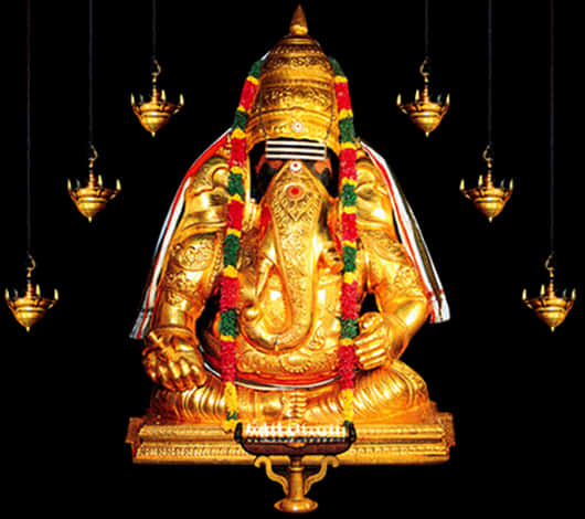 A Gold Statue Of An Elephant With Many Chandeliers