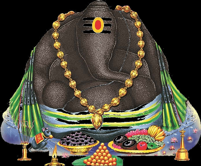 A Painting Of An Elephant With A Necklace And Food