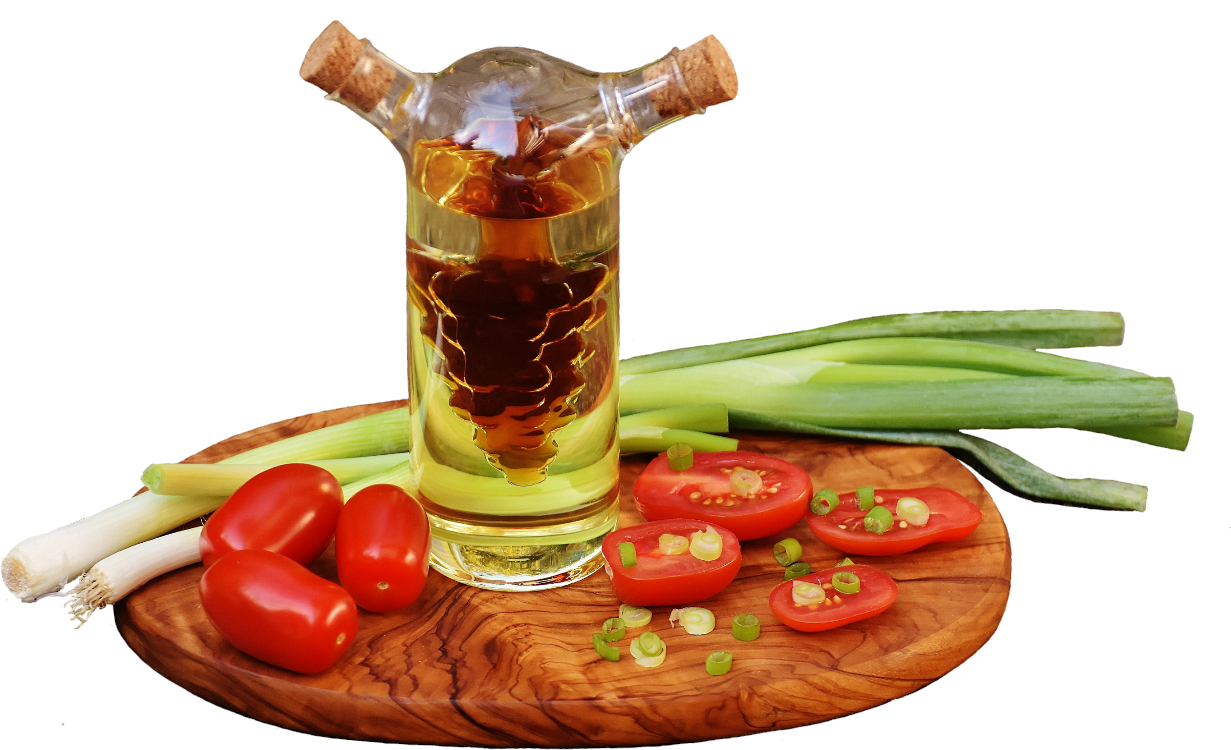 A Glass Bottle With A Cork And A Bottle Of Oil And Vegetables