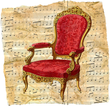 A Red And Gold Chair With Musical Notes