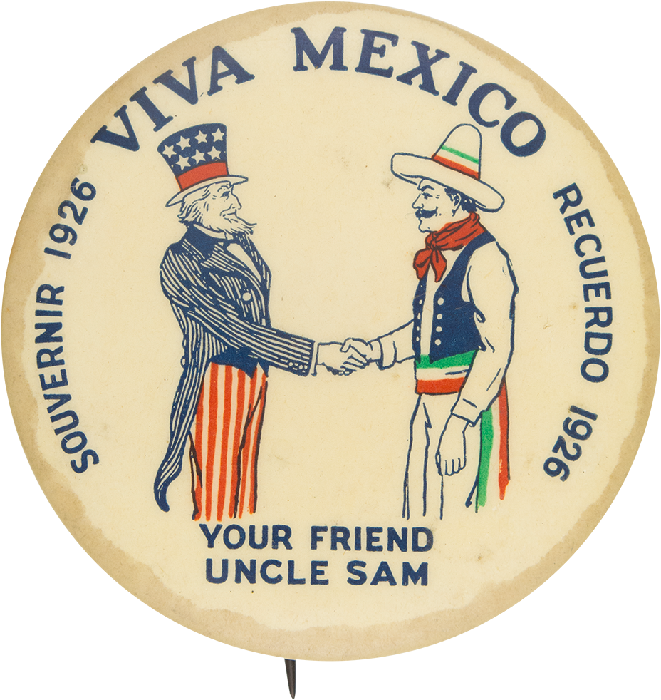 A Round White Circular Object With A Man In A Hat Shaking Hands
