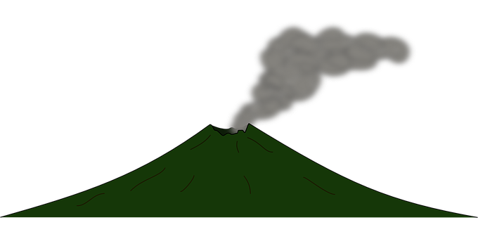 A Green Mountain With Smoke Coming Out Of It