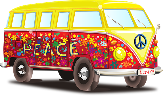 A Yellow And Red Van With Flowers On It