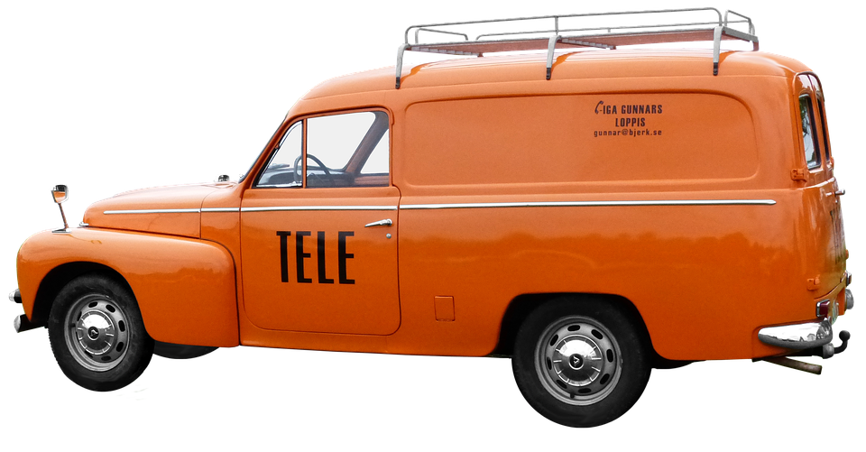 An Orange Van With A Ladder On The Side