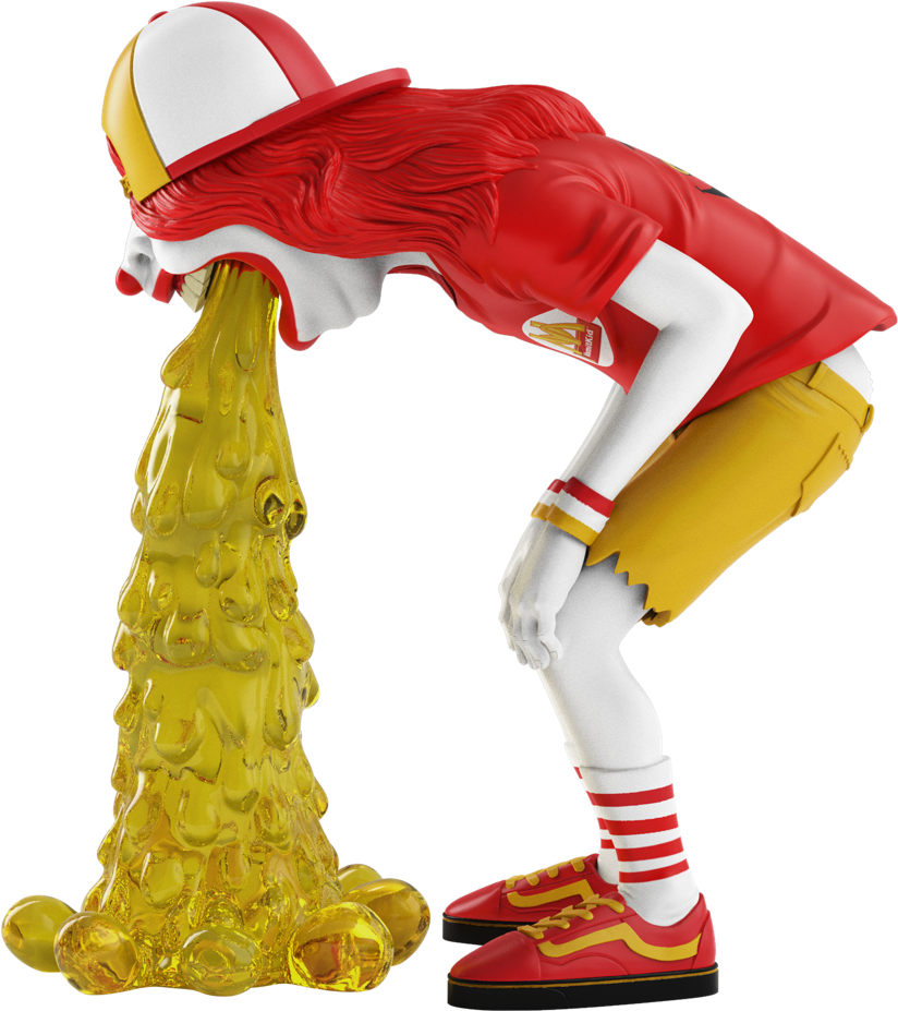 A Statue Of A Clown Blowing Out Yellow Liquid