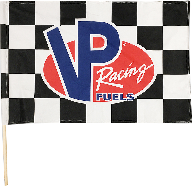 A Black And White Checkered Flag With Red And Blue Logo