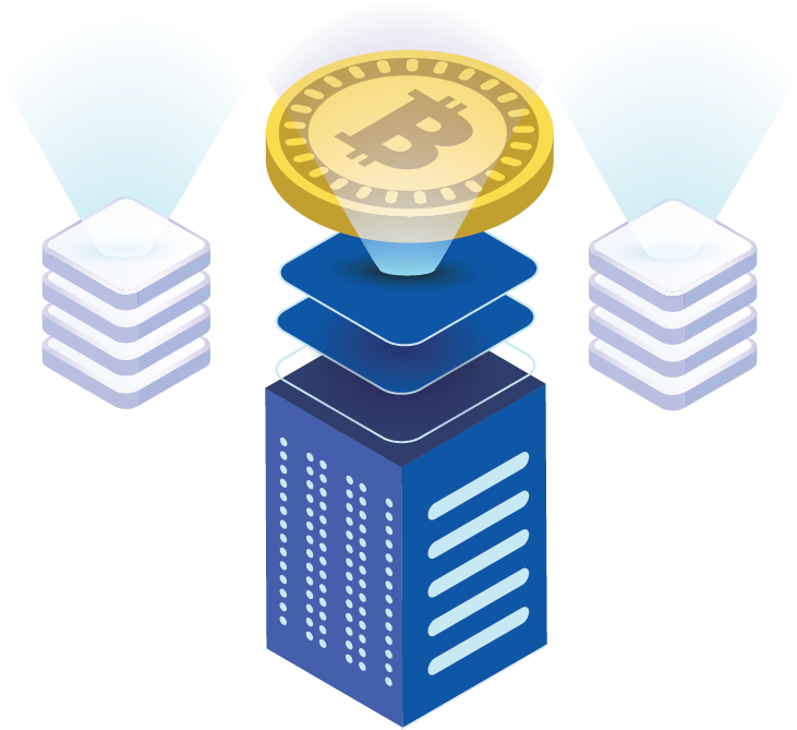 A Bitcoin Coin Above A Blue Tower