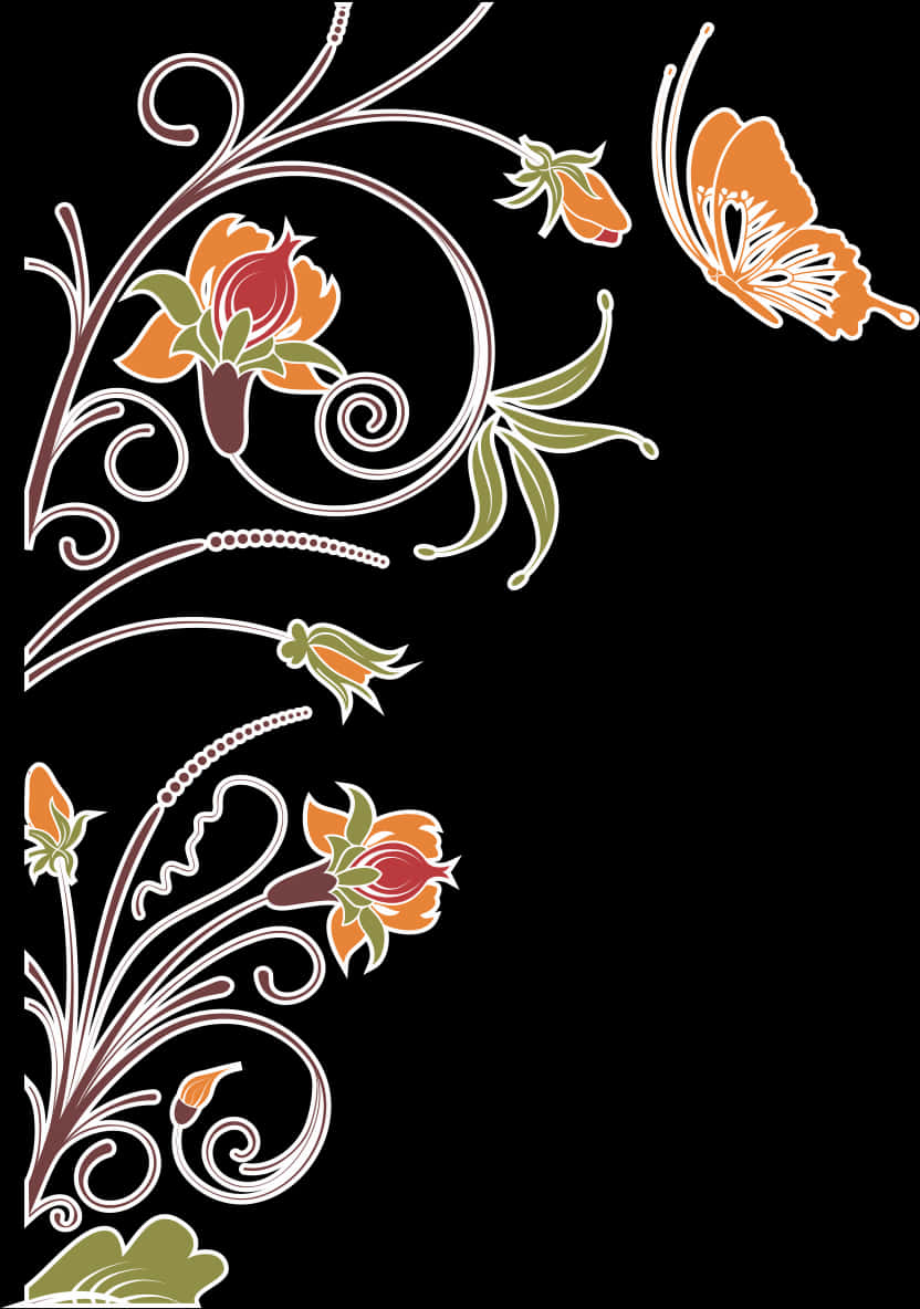 A Black Background With Orange Flowers And Butterflies