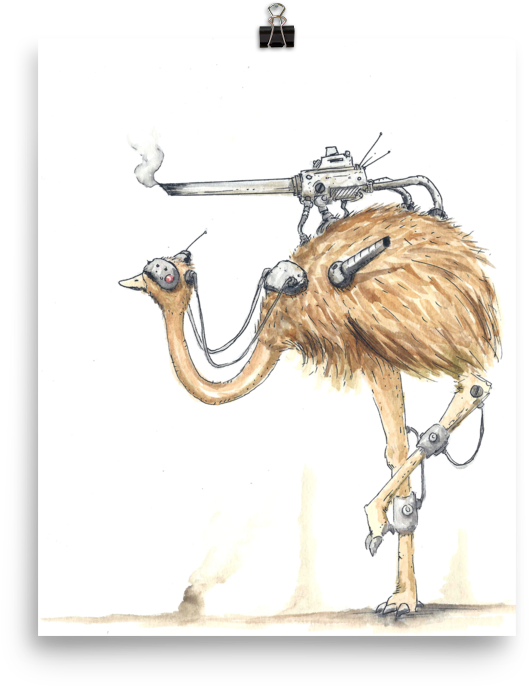 A Cartoon Of An Ostrich With A Machine On Its Head