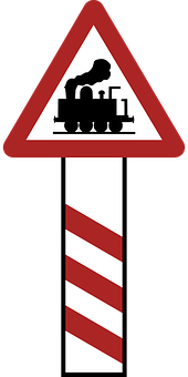 A Red And White Sign With A Train On It