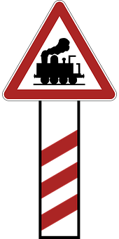 A Red And White Sign With A Train On It