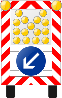 A Red And White Striped Sign With Yellow Circles And A Blue Circle