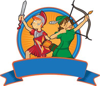 A Cartoon Of A Boy And Girl Holding Weapons And A Bow And Arrow