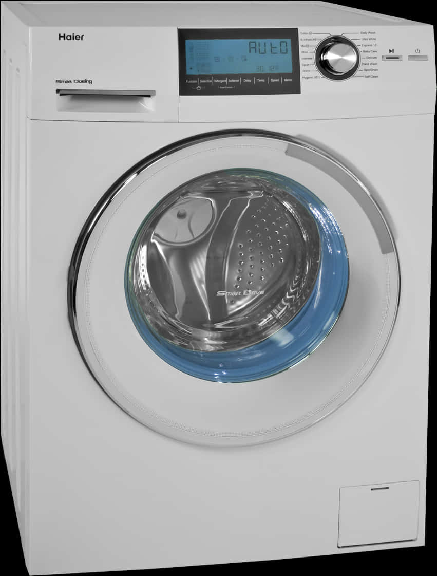 A White Washing Machine With A Blue Circle