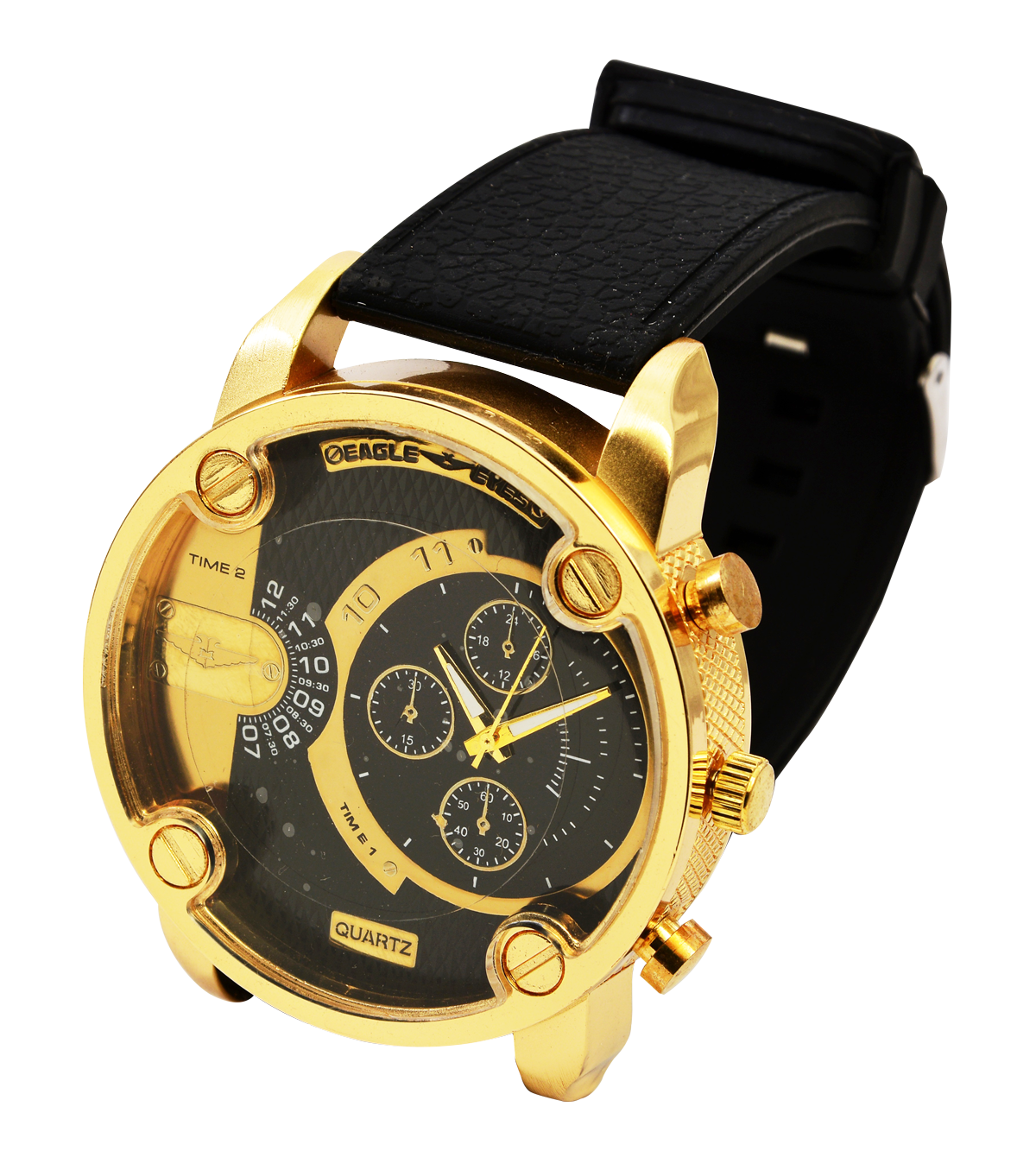 A Gold Watch With A Black Band