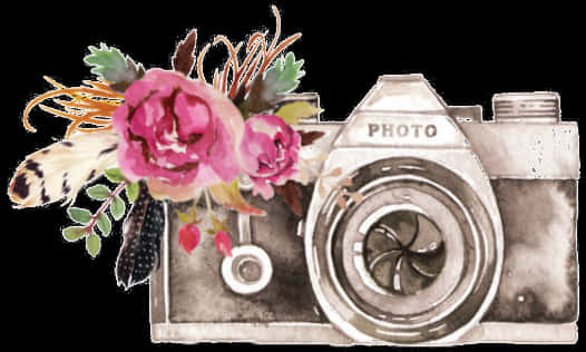 A Watercolor Of A Camera With Flowers