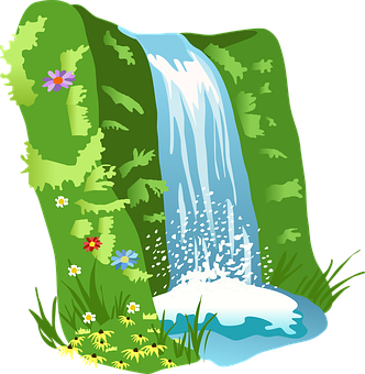 A Waterfall With Flowers And Grass